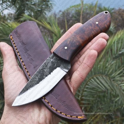 Hand Forged Bushcraft knife with Rosewood Handle and Leather Sheath - CAMPER X4