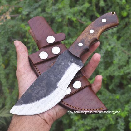 Hand Forged Bushcraft Tracker knife with Rosewood Handle and Leather Sheath