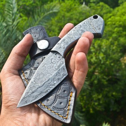 Handmade Damascus Raindrop Skinner Knife with sheath | FIxed Blade Neck Knife