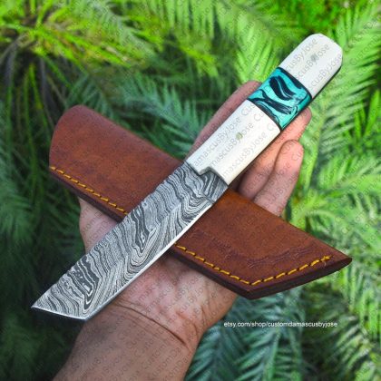 Damacus Tanto knife with sheath | Handmade Bone and turquoise Resin Tanto knife