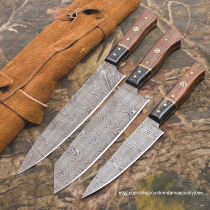 Set OF 03 Damascus Kitchen knife with sheath | Fixed Blade Chef knife | Custom Handmade knife