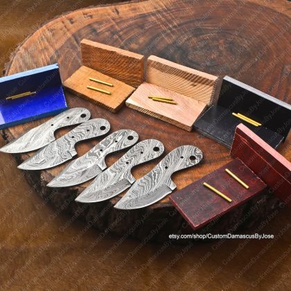 Set of 05 Damascus Blank Blades with Brass Pins & wood Knife scales | Knife Making Kit