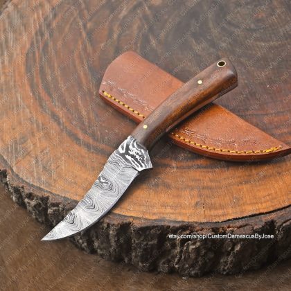 Handmade Damascus Skinner knife with sheath | Rosewood Fixed Blade knife | Hunting knife